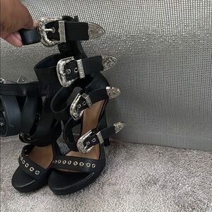 Silver and Black Heeled Sandals with Strappy Design